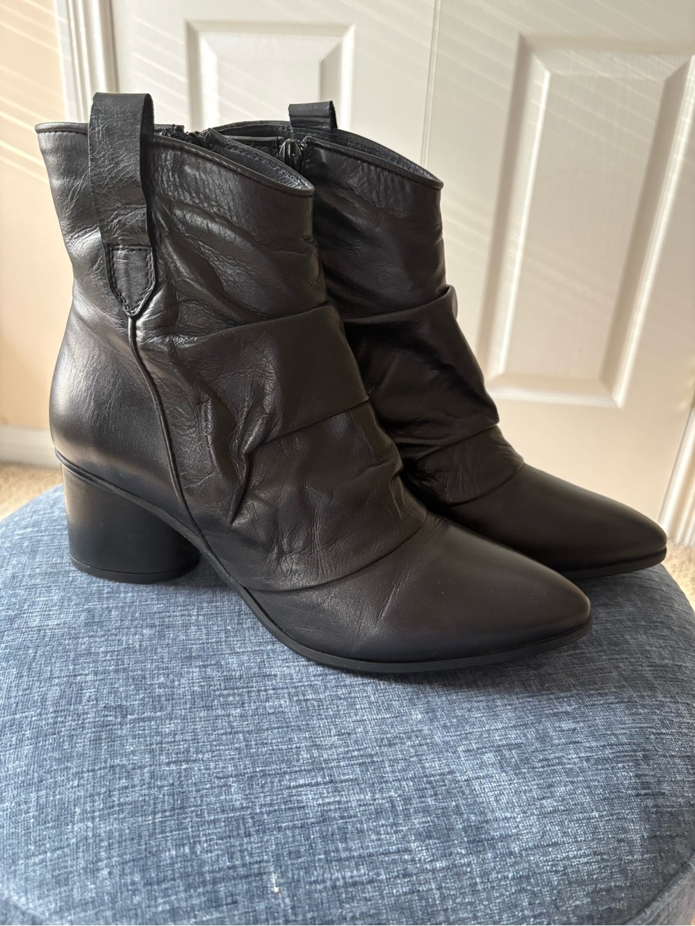 Miz Mooz Black Leather Pointed Ankle Booties with Block Heel